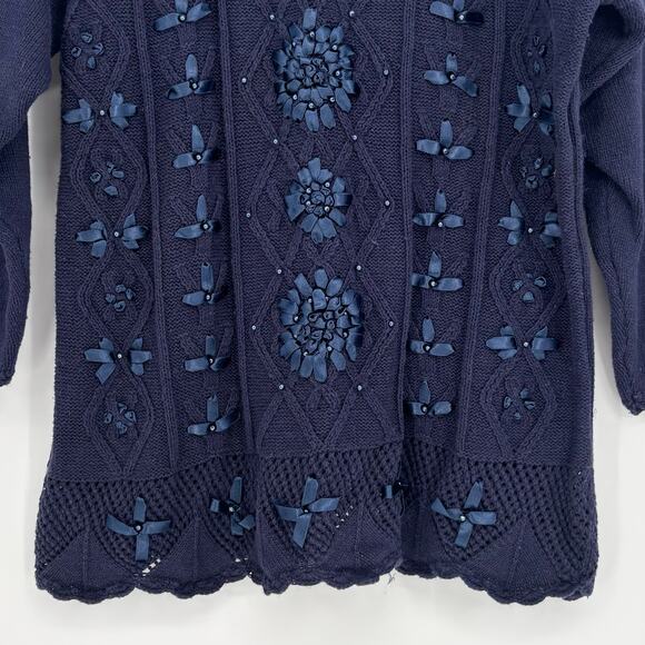 Carolina Colours Navy Blue Pearl Ribbon Detail Pullover Sweater Size L - Picture 5 of 7
